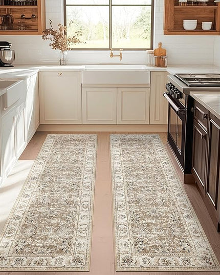 jinchan Fiora Runner Rug 3x10-2pcs Kitchen Washable Vintage Hallway Rug Floral Print Floor Cover Indoor Thin Retro Mat Accent for Bathroom Laundry Room Bedroom Office Farmhouse (Double, Taupe)