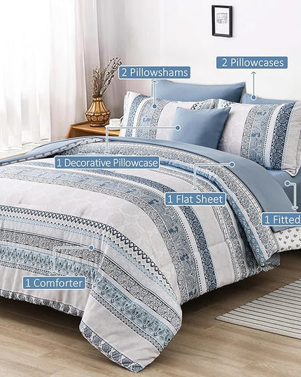 Cottolester Boho Comforter Set Queen Size Light Blue Comforter Set 8 Piece Bed in a Bag Paisley Floral Bedding Sets All Season