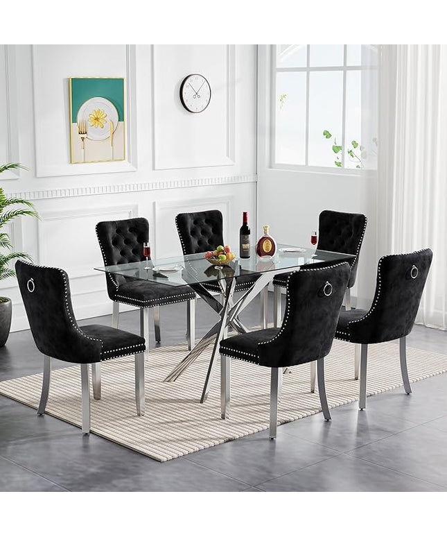 51" Glass Dining Table Set for 6, Modern Dining Room Table Set for 6, Silver X-Shape Pedestal Glass Table with 6pcs Black Dining Chairs, 7 Piece Dining Set for Dining Living Room