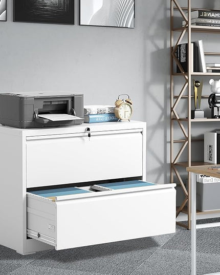 File Cabinets 2 Drawer, Metal Office Storage Filing Cabinet with Lock, White Lateral Filing Cabinet for Home Office,Horizontal Two Drawer File Cabinets for Legal/Letter,Assembly Require,White