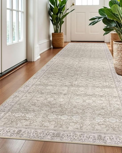 3x10 Washable Runner Rug for Kitchen, Cream Beige White Grey Soft Classic Runner with Non-Slip, Non-Shedding Distressed Floral Rug for Hallways Entryway Bedroom Laundry Indoor