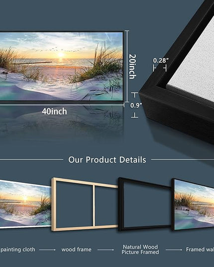 Black Wood Framed Canvas Wall Art For Living Room Large Size Wall Decor For Bedroom Ocean Beach Wall Paintings Office Decorations Sunny Sea Seascape Pictures Works Room Home Decor 20" X 40"