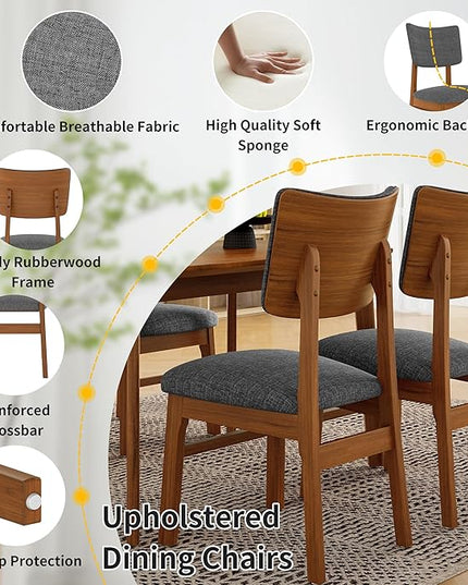 5-Piece Wooden Dining Set Mid-Century Modern Dinner Table and 4 Upholstered Chairs Rectangular Table with Chairs Set Rubberwood Legs Linen Padded Seat & Backrest for Dining Room Kitchen Apartment