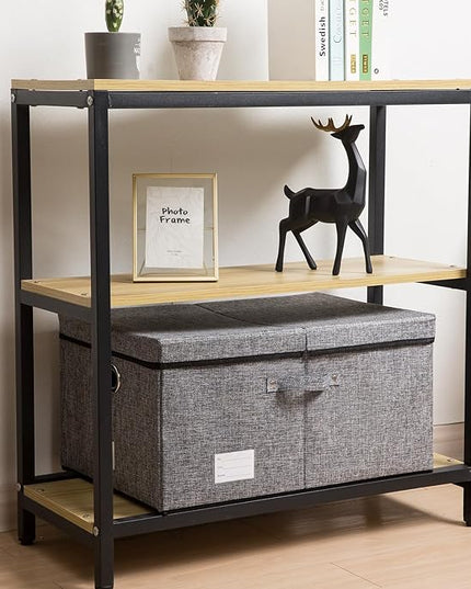 PRANDOM Storage Bins with Lids [3-Pack] Linen Fabric Foldable Storage Boxes Organizer Containers Baskets Cube with Cover Grey(23.4X15.9X11.4)