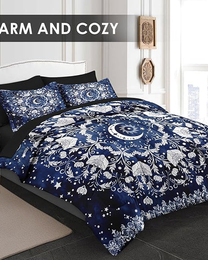Comforter Set Twin Size, Astrology Sun Moon 5 Pcs Bedding for Kids and Adults, Blue Starry Flower Bed Sheet Sets with Fitted Sheet Pillowcase & Sham for Bedroom Bed Decor