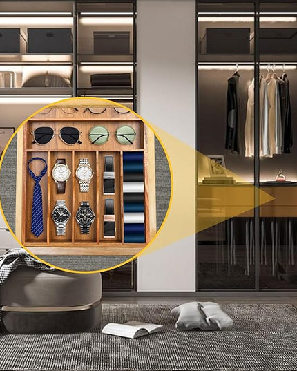 Kitchen Acacia Silverware Organizer - Extra Deep Grooved Drawer Divider, 7 Slot Utensil Organizer