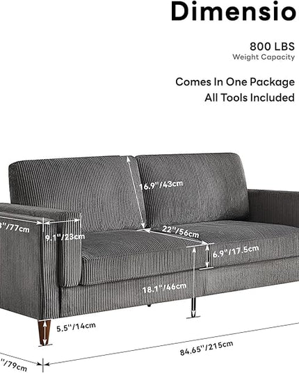 Tbfit 85" Corduroy Couch for Living Room, 3 Seater Mid Century Modern Sofa with Spring Cusions & Extra Deep Seat for Bedroom, Small Comfy Upholstered Couches Easy Assembly with Solid Wood Legs, Grey