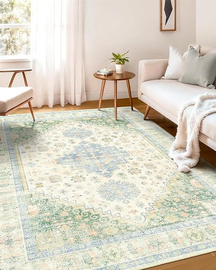 MUJOO 5x7 Area Rugs Washable,Boho Rug for Living Room Bedroom Dining Room Office,Large Throw Carpet,Non Slip Big Soft Indoor Low Pile Light Green and Blue