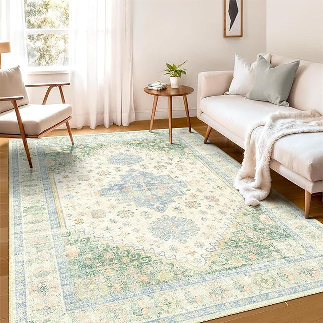 MUJOO 5x7 Area Rugs Washable,Boho Rug for Living Room Bedroom Dining Room Office,Large Throw Carpet,Non Slip Big Soft Indoor Low Pile Light Green and Blue