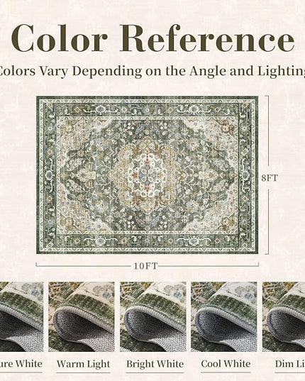 PADOOR-Vintage Area Rug 8X10 Rugs for Living Room-Soft Olive Green Rugs for Bedroom-Machine Washable Rug Non Slip Carpet-Rug for Dining Room Living Room Bedside Office
