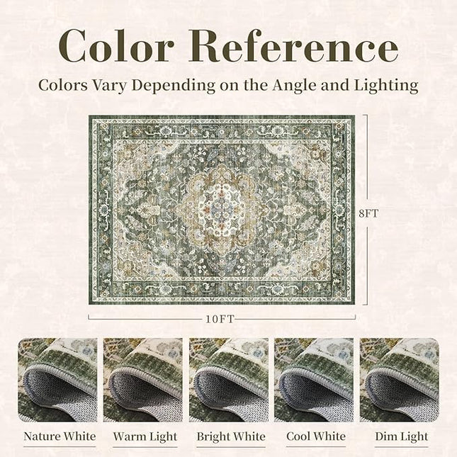 PADOOR-Vintage Area Rug 8X10 Rugs for Living Room-Soft Olive Green Rugs for Bedroom-Machine Washable Rug Non Slip Carpet-Rug for Dining Room Living Room Bedside Office