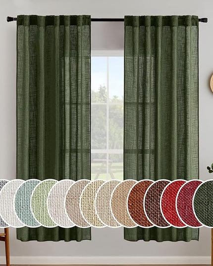 MIULEE Olive Green Linen Curtains 72 Inch Length for Bedroom Living Room, Soft Thick Linen Textured Window Drapes Semi Sheer Light Filtering Back Tab Rod Pocket Burlap Look Christmas Decor, 2 Panels