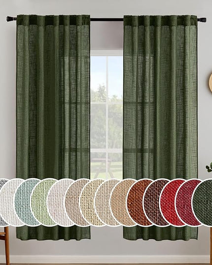 MIULEE Olive Green Linen Curtains 72 Inch Length 2 Panels for Bedroom Living Room, Soft Thick Linen Textured Window Drapes Semi Sheer Light Filtering Back Tab Rod Pocket Burlap Look Decor, W37xL72