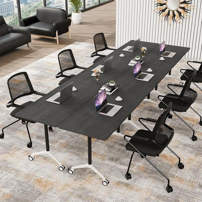 Conference Table, Folding Conference Room Tables on Wheels, Modern Meeting Seminar Table Computer Desk, Boardroom Desk for Office Meeting Conference Room,White,4 Pack 55.1inch