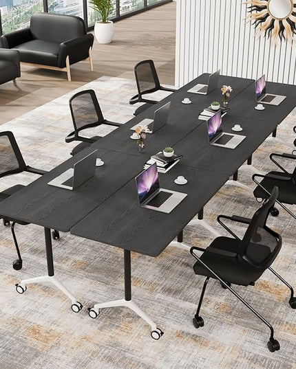 Conference Table, Folding Conference Room Tables, Modern Flip Top Seminar Training Meeting Table with Wheels, Modular Foldable Conference Tables for Home Office Classr (Black 2 Pack, 47.2inch)