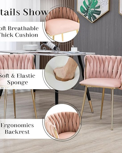 7 Piece Golden Glass Dining Table Set, 51'' Modern Luxury Rectangle Kitchen Table Set, Small Minimalist Dinner Table Set for 6, Pink Woven Chair, for Leisure Living Room Apartment Office
