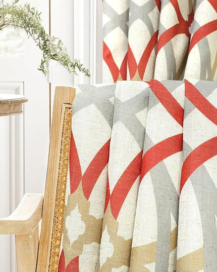 DriftAway Alexander 100% Blackout Curtains for Living Room Linen Blend Pattern Match Thermal Insulated Room Darkening Geo Moroccan Mid Century Grommet Bedroom Drapes 2 Panels 52 x 96 Inch Linen Red