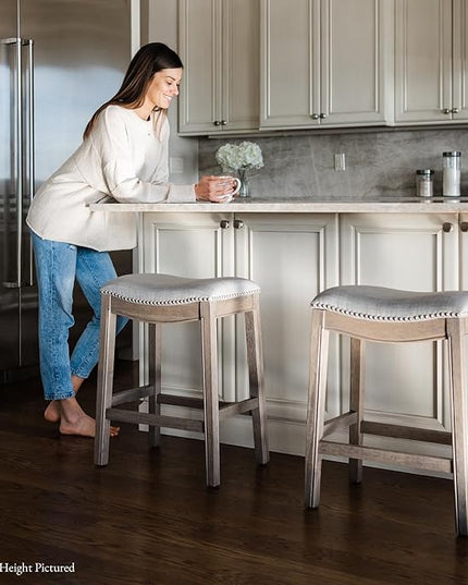 Maven Lane Adrien Backless Bar Stool – 31 Inch Saddle Seat with Footrest – Grey Solid Wood Frame & Grey Fabric Upholstery – Ideal for Bars, Pub Tables & Tall Kitchen Counters