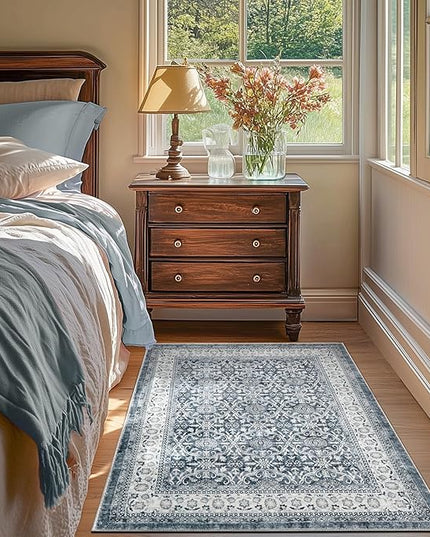 jinchan Floral 3x5 Area Rugs for Entryway - Taupe Vintage Distressed Design Doormat Non-Slip Ultra-Thin Low Pile Boho Rug for Kitchen Living Room Bedroom Farmhouse (3‘x5', Grey)