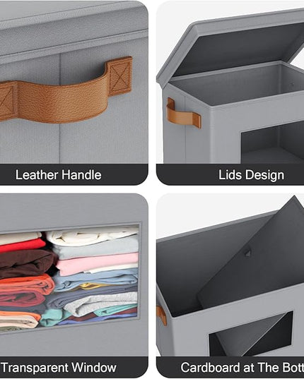 Univivi Storage Bins with Lids Collapsible Foldable Closet Storage Boxes for Clothes [3-Pack] Containers boxes with Handles Closet Storage for Home, Office, Bedroom (Grey,17" x 12"x 12")