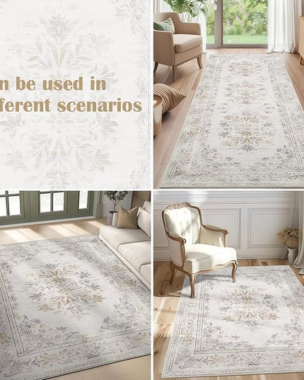 jinchan Hallway Runner Rug 2x10 Vintage Floral Distressed Design - Machine Washable Non-Slip Low-Pile Soft Thin Faux Wool Kitchen Carpet for Farmhouse Bedroom Laundry Room(2x10ft, Light Grey)