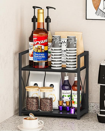 Giikin Countertop Organizer, 2 Tier Coffee Station Organizer for Desktop, Wood Counter Shelf Spice Rack for Kitchen (Black, M)