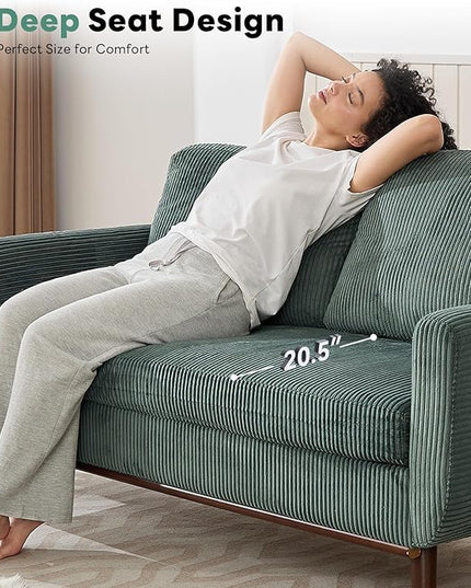 Tbfit 65" Corduroy Love Seat with Spring Cusions, Mid Century Modern Loveseat Sofa for Livingroom & Bedroom, Comfy Upholstered Small Couch