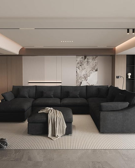 Modular Sectional Sofa Couch With Ottoman,156inch U Shaped Down Filled Cloud Couch,Convertible Sofa Bed Living Room Set,8 Seat Sleeper Bed, Cover Washable and Replaceable Couches for Living Room,Black