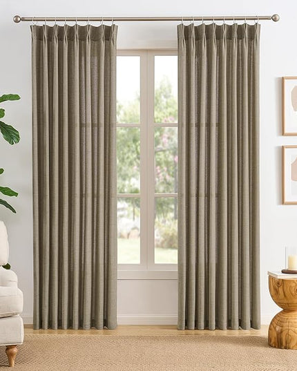 Custom Length Curtains 92 Inches Long,Pinch Pleated Linen Blend Back Tab with Hooks Boho 70s Curtains for French Door Living Room W50 x L92 Khaki