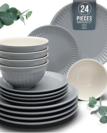 Stoneware Dinnerware Set for 8 People HYGGE 24-Piece - Elegant Scandi Design - Premium Dish Set - Bowl and Plate Set - Tableware for 8 People in a Ribbed Design - Pure Living in Gray-Blue