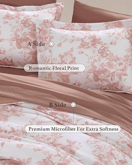 King Comforter Set -7 Pieces Pink Floral Comforter Set for All Seasons, Bed in a Bag King with Botanical Flowers Comforter, Sheets, Pillowcases & Shams