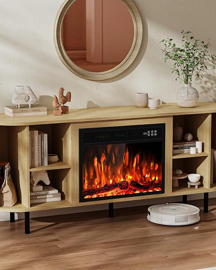 65" Fluted Fireplace TV Stand for TVs Up to 75 inches, Modern Entertainment Center with 23" Electric Fireplace, Wooden Curved TV Console with Sliding Doors for Living Room, Natural Oak