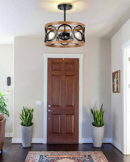 Farmhouse Semi Flush Mount Ceiling Light Fixtures, 3-Light Black Ceiling Light Rustic Light Fixtures for Hallway Entrance Kitchen Bedroom