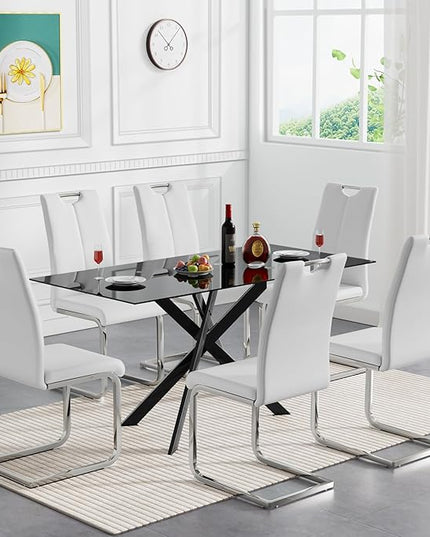 HomVent 7 Pieces Rectangular Glass Dining Table Table Set, Black Glass Dining Table Set for 6 Kitchen Table Set with 6 PU Dining Chairs for Kitchen Dining Room (Black3-Table with 6 White Chairs)