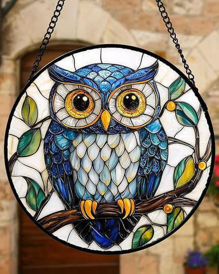 Stained Glass Window Hanging, Owl Gifts for Women Sun Catchers Diamond Glass Panel Hangings Birds Suncatcher Decor for Birthday for Women, Men, Wife, Aunt, and Mom 11.8x11.8 in