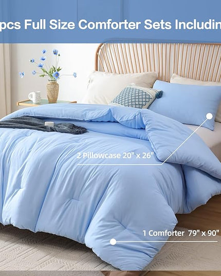 ROSGONIA Full Size Comforter Sets for Girls Boys Kids Light Blue, 3pcs Comforter Full Size (1 Comforter & 2 Pillowcases) Lightweight Dorm Bedding Sets