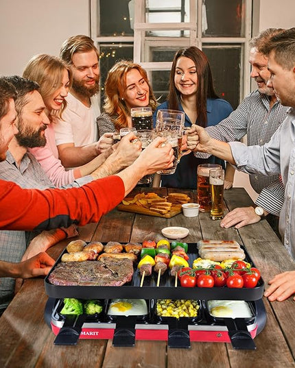TAMARIT Classic 8 Person Raclette Grill 1500W Electric Tabletop Griddle with Reversible Plate, 8 Non-Stick Cheese Trays and Spatulas Indoor Portable Korean BBQ Barbecue Party Grill Red