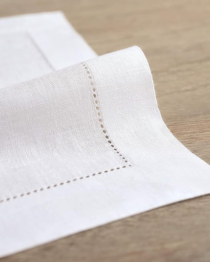 Solino Home Linen Cloth Placemats Set of 6-100% Pure Linen Hemstitch White Placemats 14 x 19 Inch - Classic Hemstitch Table Place Mats for Winter, Christmas, Holiday, New Year