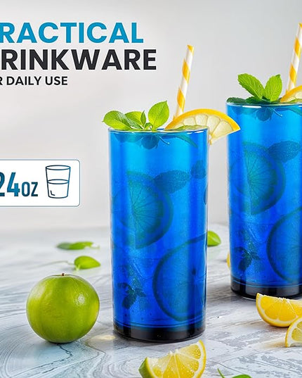 Zulay Kitchen Acrylic Glasses Drinkware - 6 Piece Unbreakable Plastic Tumblers - BPA-Free, Reusable Plastic Drinking Glasses for Home & Outdoors - Stackable, Lead-Free, Dishwasher Safe, Blue (24oz)