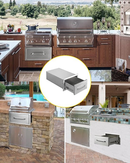Outdoor Kitchen Drawers 14" W x 8.5" H x 23" D Flush Mount Single BBQ Drawers with Chrome Handle Built-in Stainless Steel Drawer for Outdoor Kitchen Island, Patio Grill Station