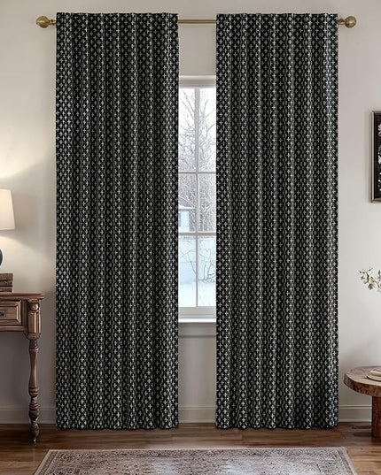 MIULEE Decorative Back Tab Linen Curtains with Geometric Pattern for Living Room Bedroom Farmhouse Rustic Thick Woven Textured Patterned Mudcloth Drapes 84 Inches Long 2 Panels Set, Black