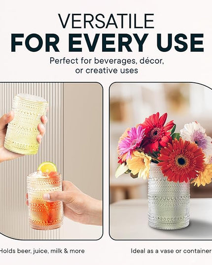 15 OZ Hobnail Drinking Set of 12 – Vintage Embossed Glassware, Textured Tumblers for Water, Beer, Cocktails, Mocktails, Whiskey & More – Includes Straws and Coasters – Clear