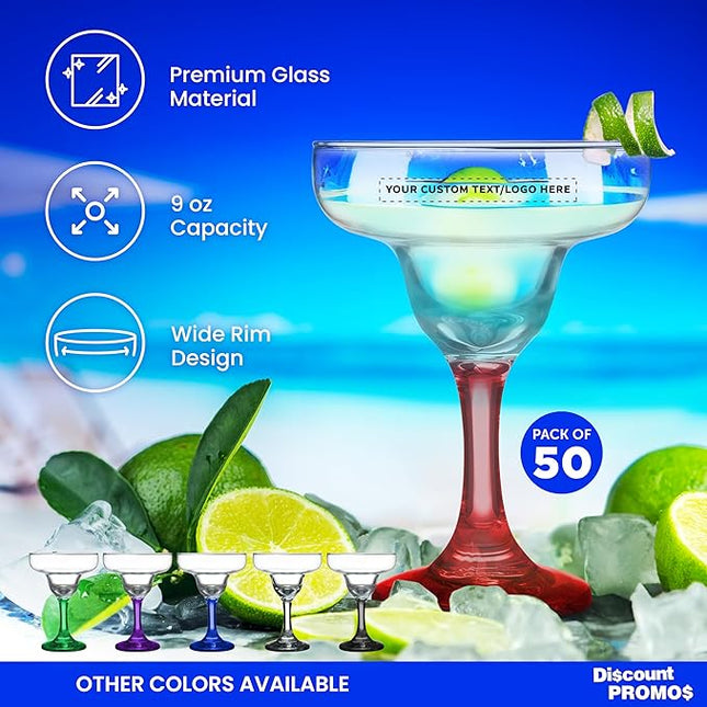 DISCOUNT PROMOS 50 Margarita Glasses Set, 9 oz. - Personalized Text, Logo - Classic, Smooth, Barware, Glassware - Red