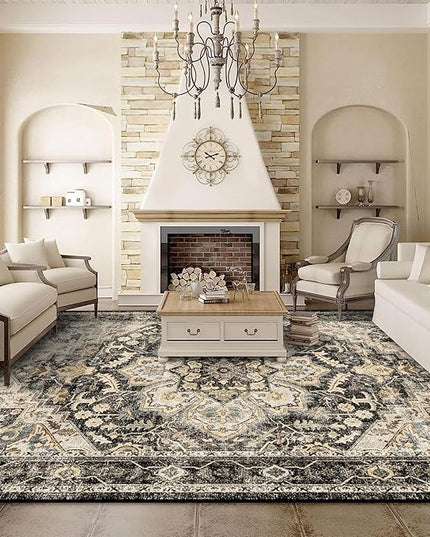Washable Oriental Area Rug - 9x12 Rugs for Living Room Soft Carpet for Bedroom Waterproof Floral Distressed Indoor Stain Resistant Non-Shedding Floor Carpets (Black/Grey, 9x12)
