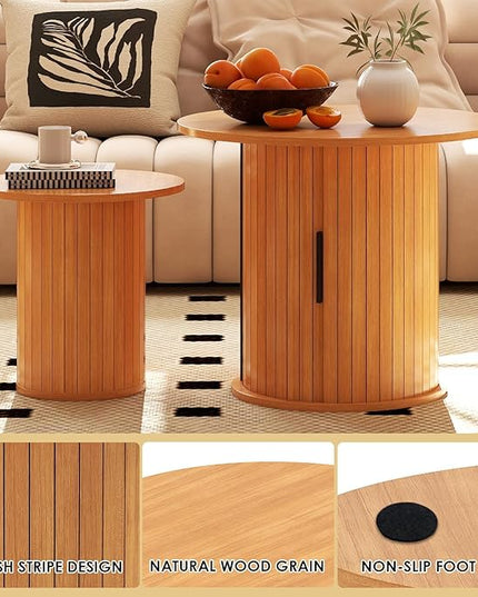 COSVALVE Nesting Coffee Table Set of 2 with Hidden Storage & Sliding Door, Circle Wood Coffee Table, Farmhouse Side & End Table Sets for Living Room, Small Spaces, Natural