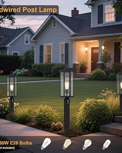 GRUENLICH Outdoor Lamp Post Light Fixtures, Exterior Pole Lantern with Tempered Glass, 20.5 Inch Fence Post Lighting for Garden Yard Pathway, Black, 2 Pack
