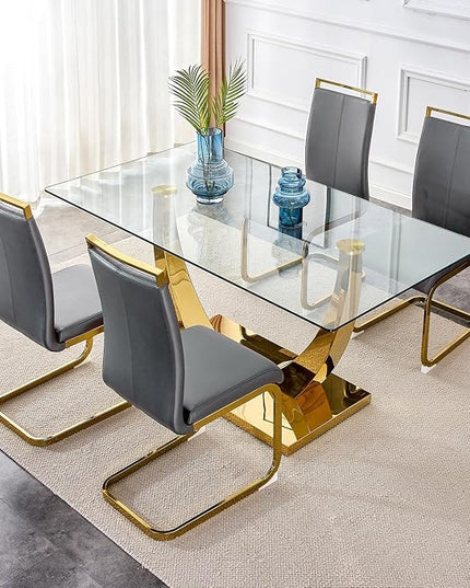 63” Glass Dining Table Set for 4,Gold Dining Room Table Set for 4,Modern Kitchen Table and PU Leather Chairs for 4, Dinner Table with Rectangle Tempered Glass Top and Golden Base