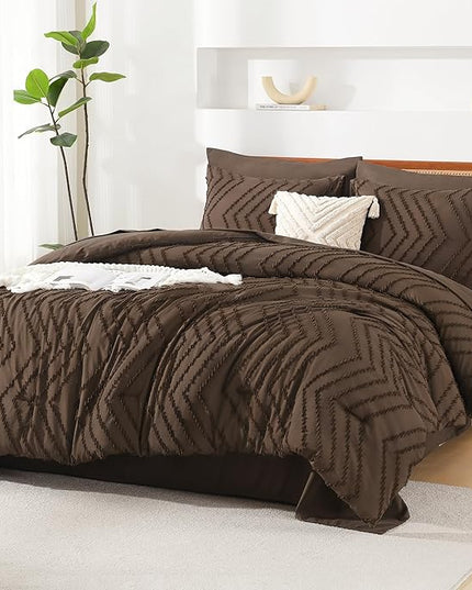 Litanika Full Size Comforter Set with Sheets Brown - 7 Pieces Bed in a Bag Full Chevron Tufted Complete Bedding Sets with Comforter, Sheets, Pillowcases & Shams