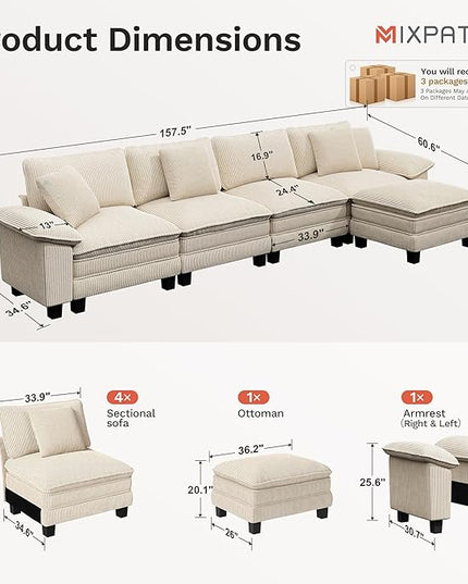 157-Inch L Shaped Sectional Sofa with Cloud Cushions, Deep Seat Modular Couch Set w/ 5 Seats & 1 Ottomans, Removable Arms, Plush Corduroy Upholstery for Living Room, Apartment - Beige