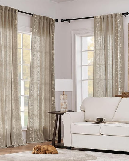 jinchan Winslow Linen Curtains for Bedroom 63 Inches Length Embroidered Bordered Floral Curtains for Living Room Farmhouse Decor Light Filtering Window Treatments Ivory on Taupe Drapes 2 Panels